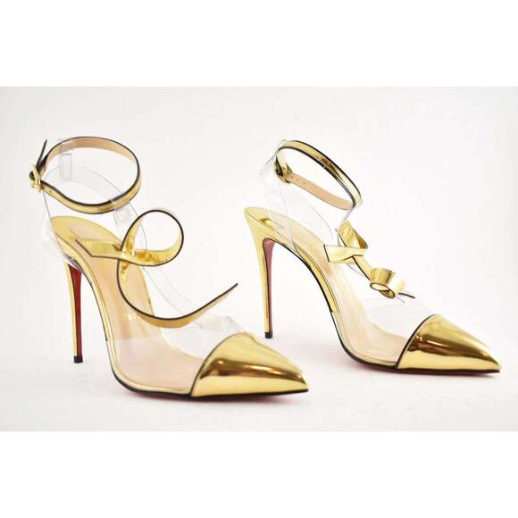 Christian Louboutin Alta Firma 100 Gold PVC T Strap Ankle Heel Sandal Pump 35 - Picture 4 of 12
